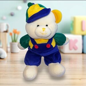 Very Rare Yellow Bear Multicolored Coverall And Hat Stuffed Plush Lovey 9”